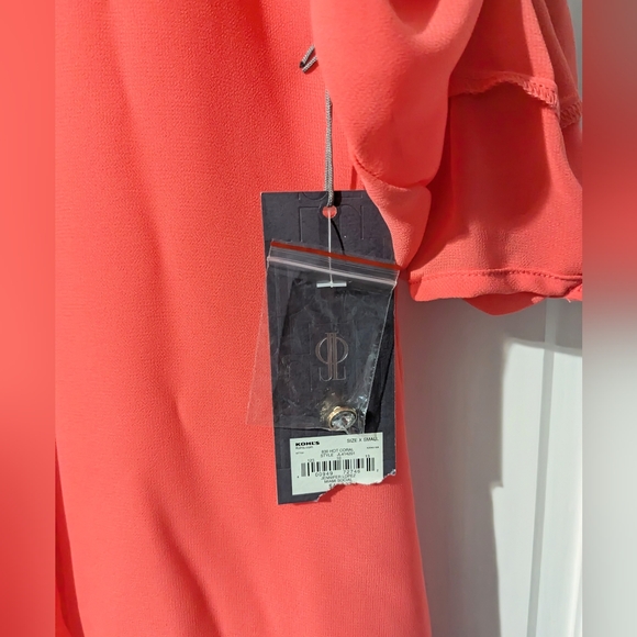 Jennifer Lopez, NWT, Hot Coral, Semi-Sheer, Ruffle Front Blouse, Size XS - Picture 8 of 13